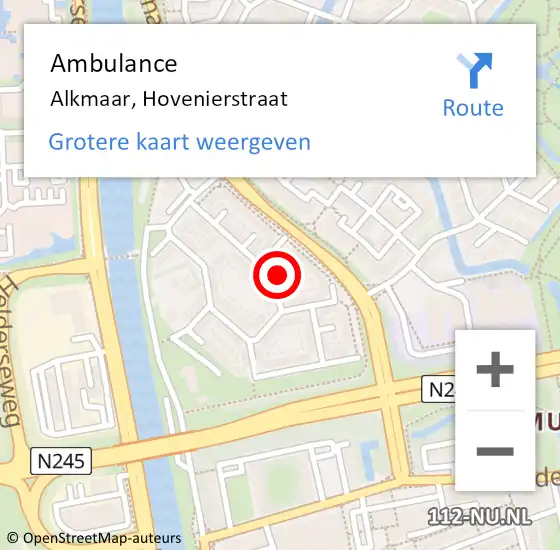 Locatie op kaart van de 112 melding: Ambulance Alkmaar, Hovenierstraat op 4 september 2023 21:23