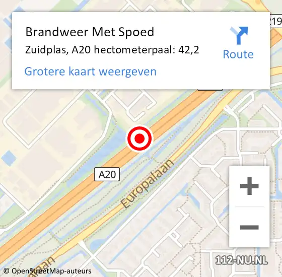 Locatie op kaart van de 112 melding: Brandweer Met Spoed Naar Zuidplas, A20 hectometerpaal: 42,2 op 4 september 2023 22:06