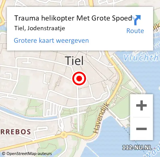 Locatie op kaart van de 112 melding: Trauma helikopter Met Grote Spoed Naar Tiel, Jodenstraatje op 4 september 2023 22:45