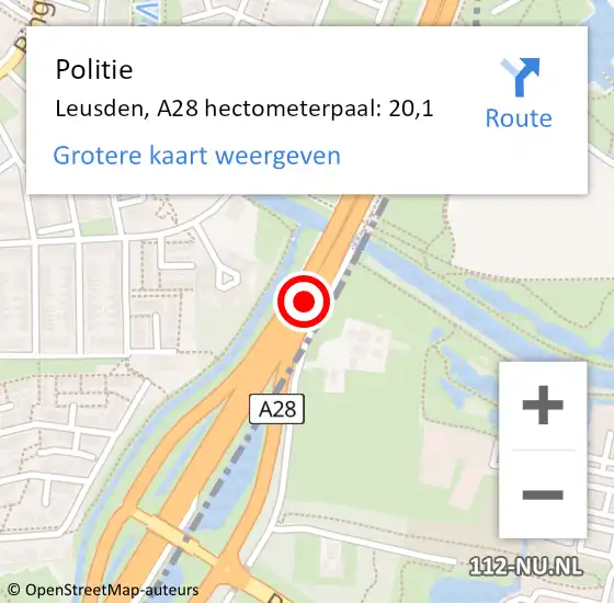 Locatie op kaart van de 112 melding: Politie Leusden, A28 hectometerpaal: 20,1 op 5 september 2023 01:08