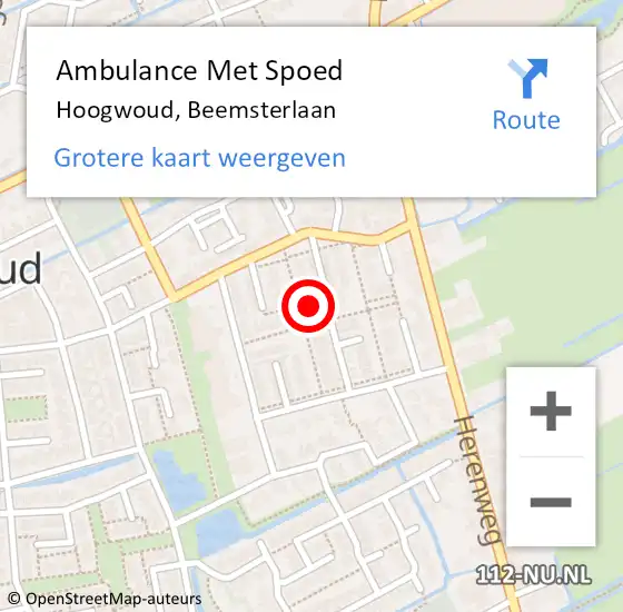 Locatie op kaart van de 112 melding: Ambulance Met Spoed Naar Hoogwoud, Beemsterlaan op 5 september 2023 06:27