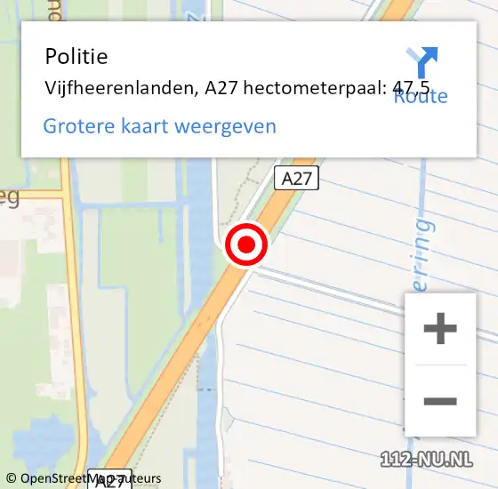 Locatie op kaart van de 112 melding: Politie Vijfheerenlanden, A27 hectometerpaal: 47,5 op 5 september 2023 07:24