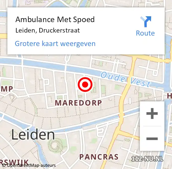 Locatie op kaart van de 112 melding: Ambulance Met Spoed Naar Leiden, Druckerstraat op 5 september 2023 07:37