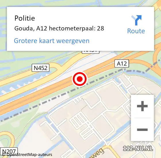 Locatie op kaart van de 112 melding: Politie Gouda, A12 hectometerpaal: 28 op 5 september 2023 07:42