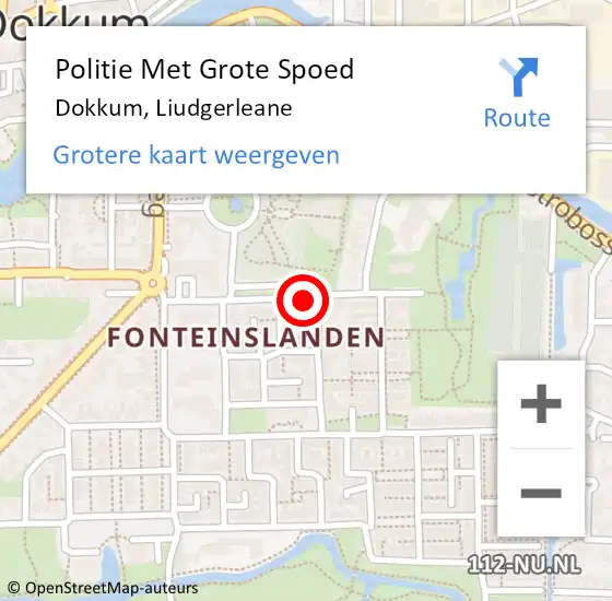 Locatie op kaart van de 112 melding: Politie Met Grote Spoed Naar Dokkum, Liudgerleane op 5 september 2023 08:16