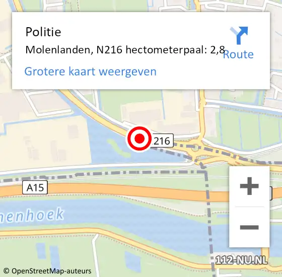 Locatie op kaart van de 112 melding: Politie Molenlanden, N216 hectometerpaal: 2,8 op 5 september 2023 08:17