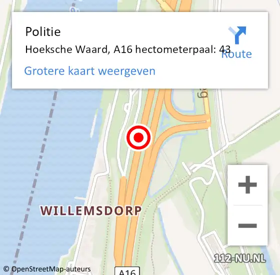 Locatie op kaart van de 112 melding: Politie Hoeksche Waard, A16 hectometerpaal: 43 op 5 september 2023 08:56