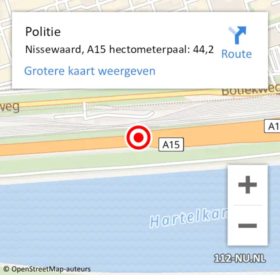 Locatie op kaart van de 112 melding: Politie Nissewaard, A15 hectometerpaal: 44,2 op 5 september 2023 08:57