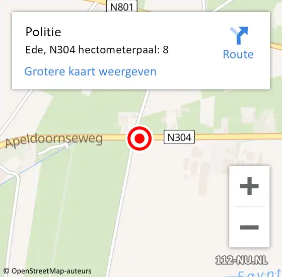 Locatie op kaart van de 112 melding: Politie Ede, N304 hectometerpaal: 8 op 5 september 2023 09:38