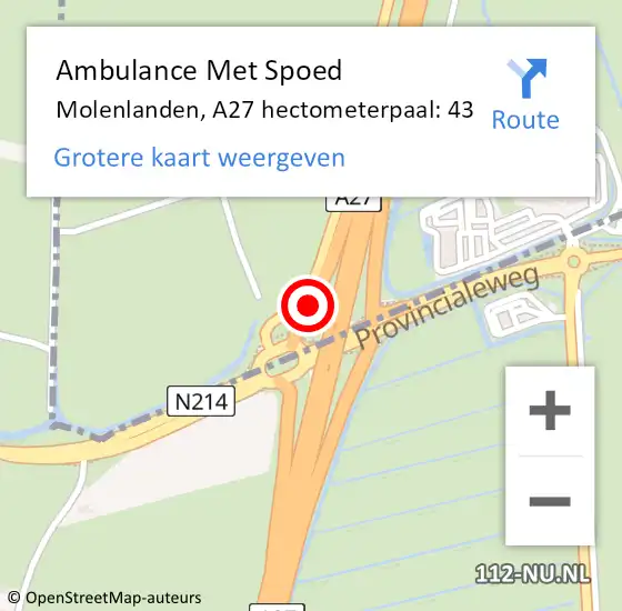 Locatie op kaart van de 112 melding: Ambulance Met Spoed Naar Molenlanden, A27 hectometerpaal: 43 op 5 september 2023 10:27