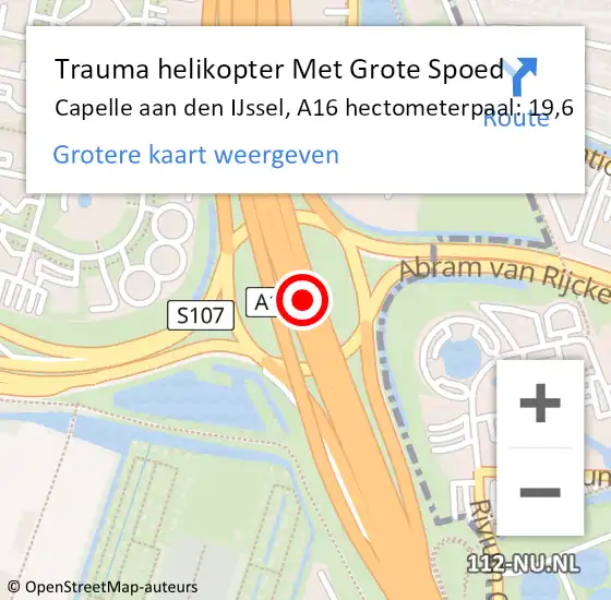 Locatie op kaart van de 112 melding: Trauma helikopter Met Grote Spoed Naar Capelle aan den IJssel, A16 hectometerpaal: 19,6 op 5 september 2023 11:48