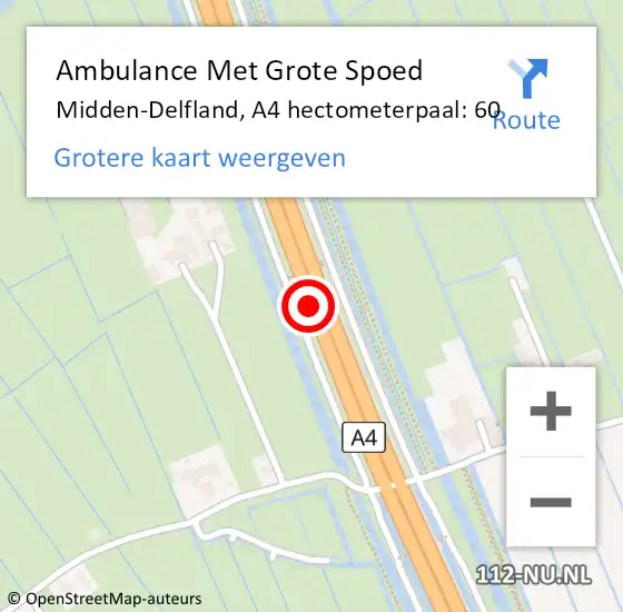 Locatie op kaart van de 112 melding: Ambulance Met Grote Spoed Naar Midden-Delfland, A4 hectometerpaal: 60 op 5 september 2023 13:28