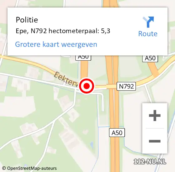 Locatie op kaart van de 112 melding: Politie Epe, N792 hectometerpaal: 5,3 op 5 september 2023 14:09