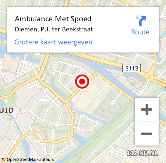 Locatie op kaart van de 112 melding: Ambulance Met Spoed Naar Diemen, P.J. ter Beekstraat op 5 september 2023 15:53