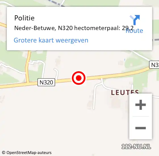 Locatie op kaart van de 112 melding: Politie Neder-Betuwe, N320 hectometerpaal: 29,2 op 5 september 2023 16:32