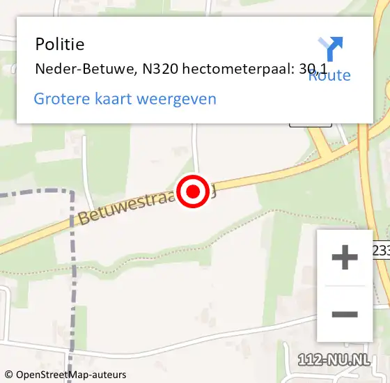 Locatie op kaart van de 112 melding: Politie Neder-Betuwe, N320 hectometerpaal: 30,1 op 5 september 2023 16:33