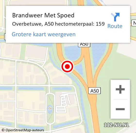 Locatie op kaart van de 112 melding: Brandweer Met Spoed Naar Overbetuwe, A50 hectometerpaal: 159 op 5 september 2023 17:04
