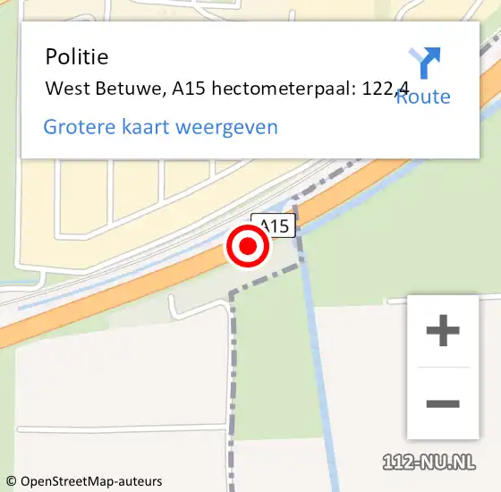 Locatie op kaart van de 112 melding: Politie West Betuwe, A15 hectometerpaal: 122,4 op 5 september 2023 17:06