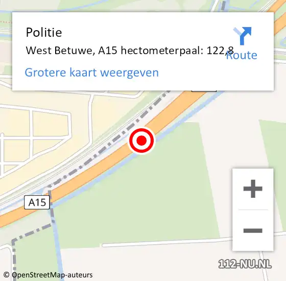 Locatie op kaart van de 112 melding: Politie West Betuwe, A15 hectometerpaal: 122,8 op 5 september 2023 17:06