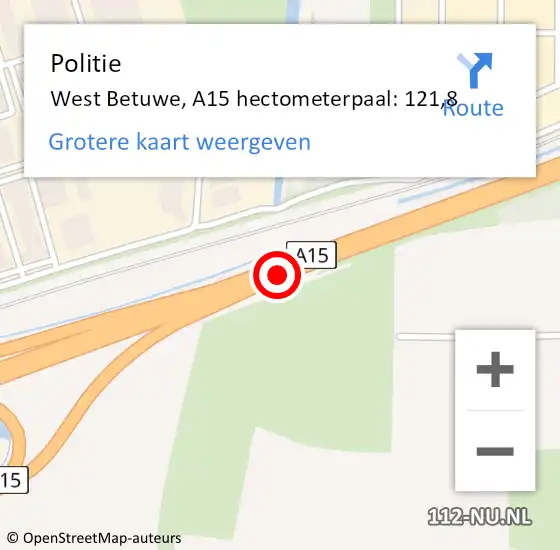 Locatie op kaart van de 112 melding: Politie West Betuwe, A15 hectometerpaal: 121,8 op 5 september 2023 17:10