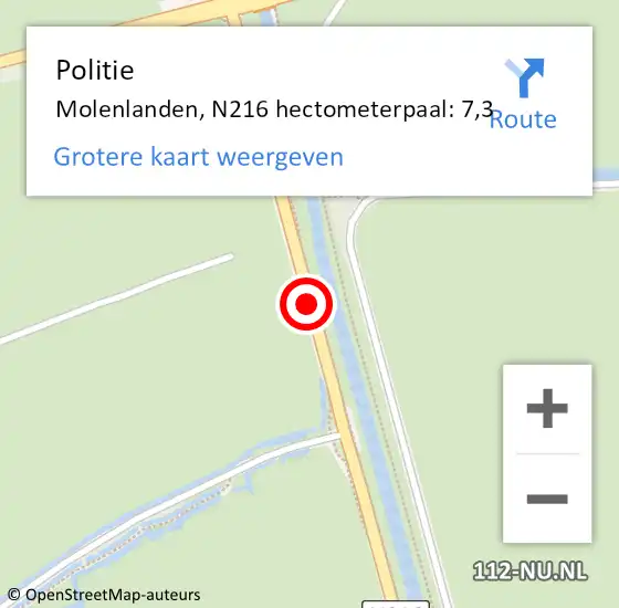 Locatie op kaart van de 112 melding: Politie Molenlanden, N216 hectometerpaal: 7,3 op 5 september 2023 17:17