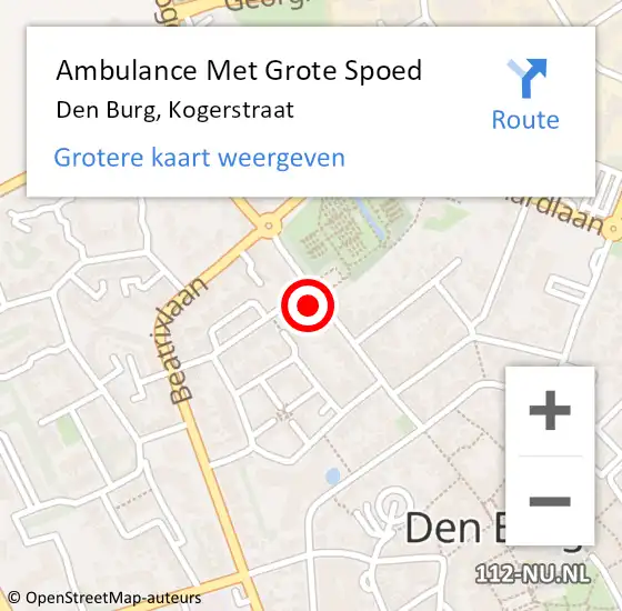 Locatie op kaart van de 112 melding: Ambulance Met Grote Spoed Naar Den Burg, Kogerstraat op 5 september 2023 17:21