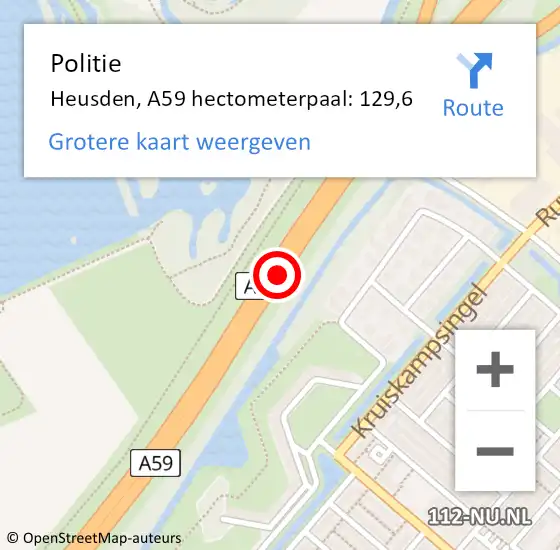 Locatie op kaart van de 112 melding: Politie Heusden, A59 hectometerpaal: 129,6 op 5 september 2023 17:24