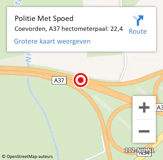 Locatie op kaart van de 112 melding: Politie Met Spoed Naar Coevorden, A37 hectometerpaal: 22,4 op 5 september 2023 17:31