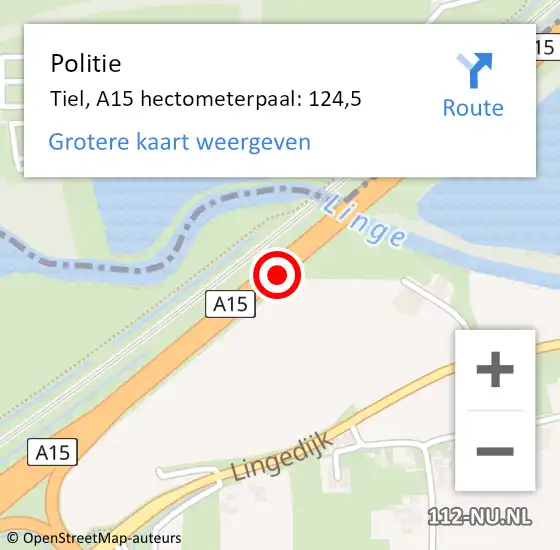 Locatie op kaart van de 112 melding: Politie Tiel, A15 hectometerpaal: 124,5 op 5 september 2023 18:29