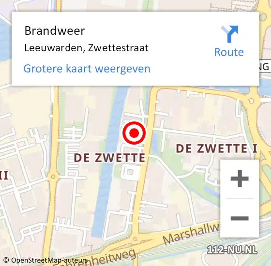 Locatie op kaart van de 112 melding: Brandweer Leeuwarden, Zwettestraat op 5 september 2023 19:45