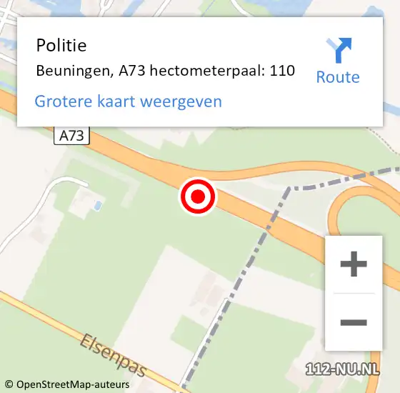 Locatie op kaart van de 112 melding: Politie Beuningen, A73 hectometerpaal: 110 op 5 september 2023 23:48