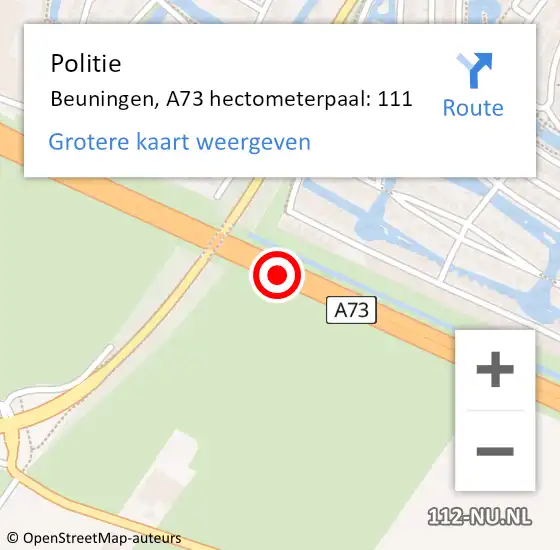 Locatie op kaart van de 112 melding: Politie Beuningen, A73 hectometerpaal: 111 op 5 september 2023 23:51