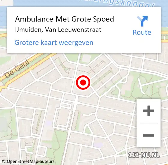 Locatie op kaart van de 112 melding: Ambulance Met Grote Spoed Naar IJmuiden, Van Leeuwenstraat op 6 september 2023 01:36