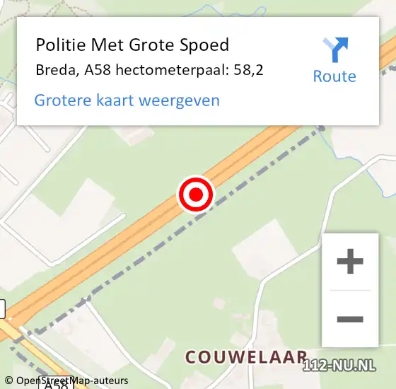 Locatie op kaart van de 112 melding: Politie Met Grote Spoed Naar Breda, A58 hectometerpaal: 58,2 op 6 september 2023 07:52