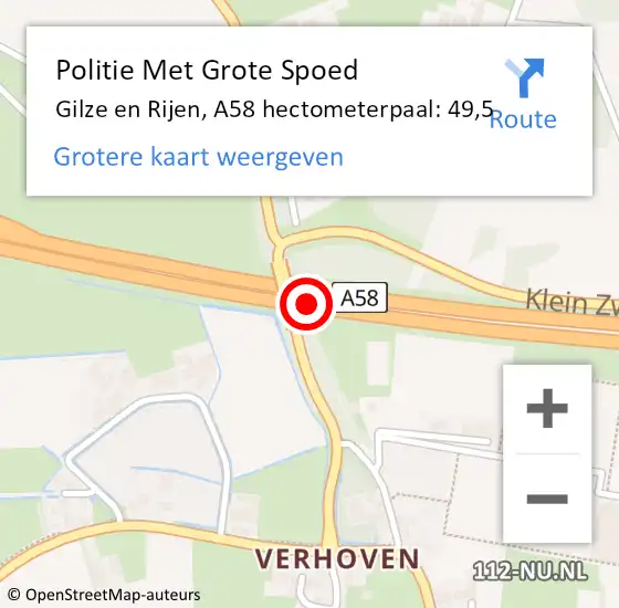 Locatie op kaart van de 112 melding: Politie Met Grote Spoed Naar Gilze en Rijen, A58 hectometerpaal: 49,5 op 6 september 2023 08:02