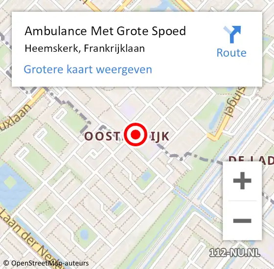 Locatie op kaart van de 112 melding: Ambulance Met Grote Spoed Naar Heemskerk, Frankrijklaan op 6 september 2023 08:24