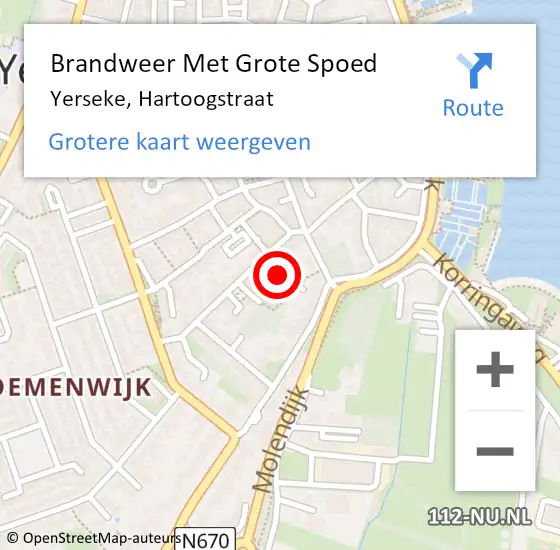 Locatie op kaart van de 112 melding: Brandweer Met Grote Spoed Naar Yerseke, Hartoogstraat op 6 september 2023 08:46