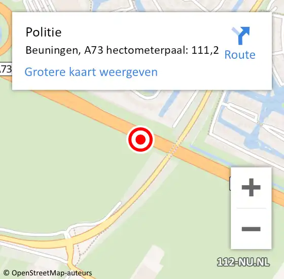 Locatie op kaart van de 112 melding: Politie Beuningen, A73 hectometerpaal: 111,2 op 6 september 2023 08:51