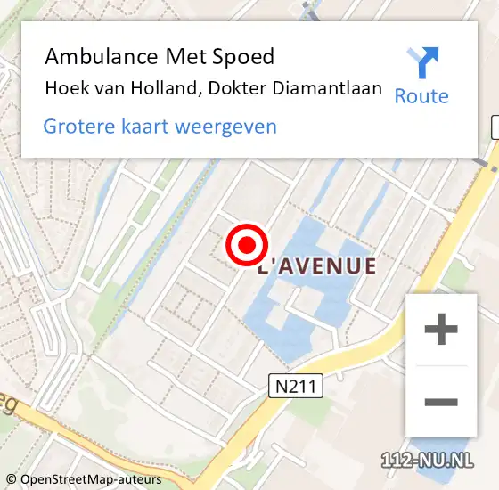 Locatie op kaart van de 112 melding: Ambulance Met Spoed Naar Hoek van Holland, Dokter Diamantlaan op 6 september 2023 09:04