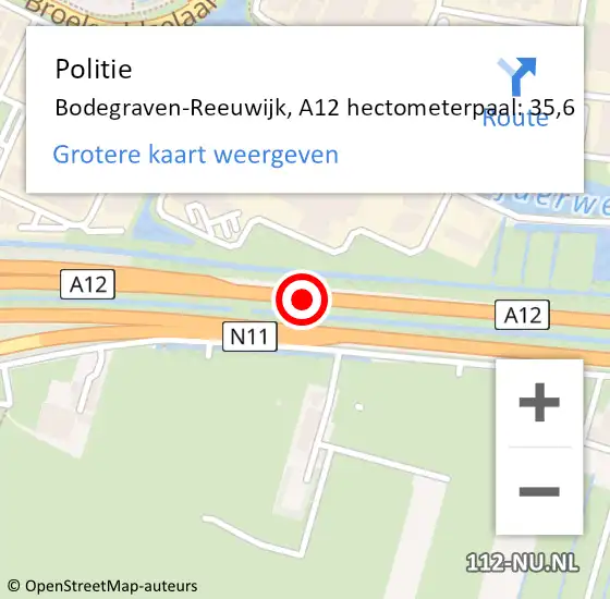 Locatie op kaart van de 112 melding: Politie Bodegraven-Reeuwijk, A12 hectometerpaal: 35,6 op 6 september 2023 11:05