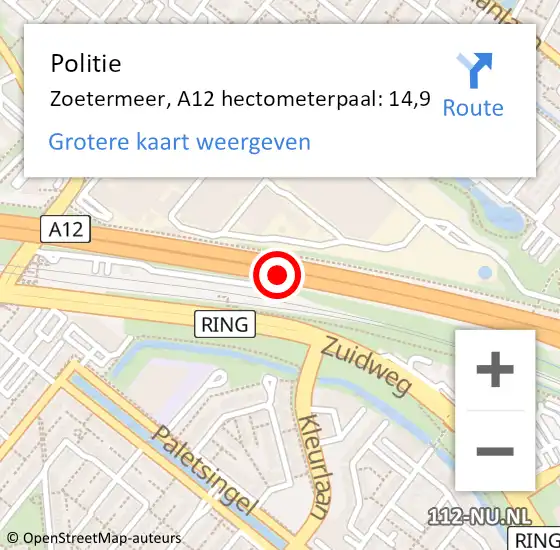 Locatie op kaart van de 112 melding: Politie Zoetermeer, A12 hectometerpaal: 14,9 op 6 september 2023 13:01