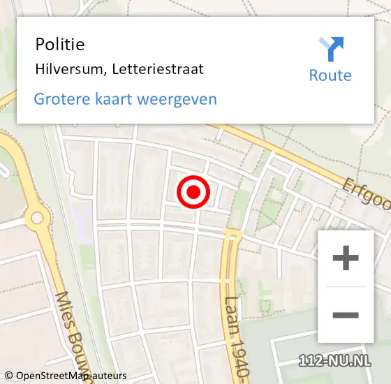 Locatie op kaart van de 112 melding: Politie Hilversum, Letteriestraat op 6 september 2023 13:57