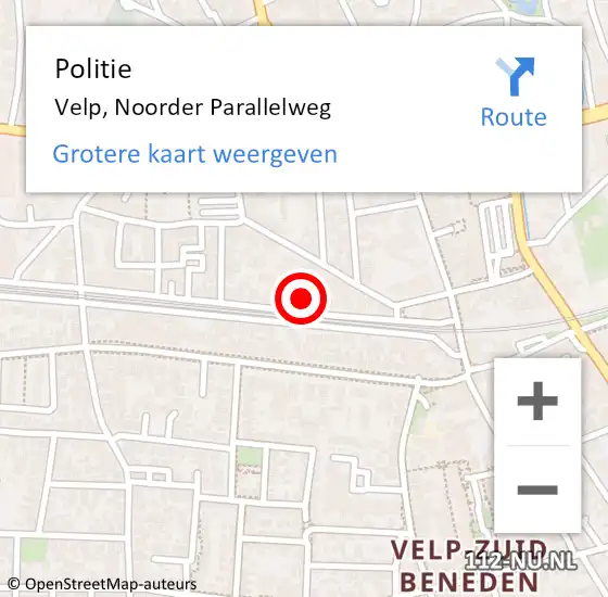 Locatie op kaart van de 112 melding: Politie Velp, Noorder Parallelweg op 6 september 2023 14:07