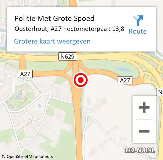 Locatie op kaart van de 112 melding: Politie Met Grote Spoed Naar Oosterhout, A27 hectometerpaal: 13,8 op 6 september 2023 15:16