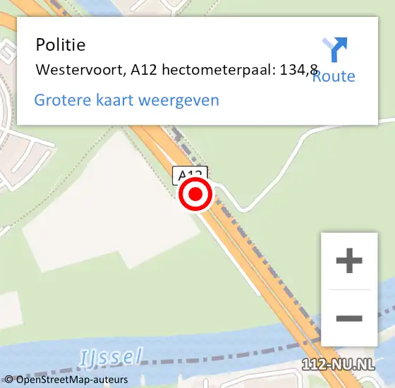 Locatie op kaart van de 112 melding: Politie Westervoort, A12 hectometerpaal: 134,8 op 6 september 2023 15:18
