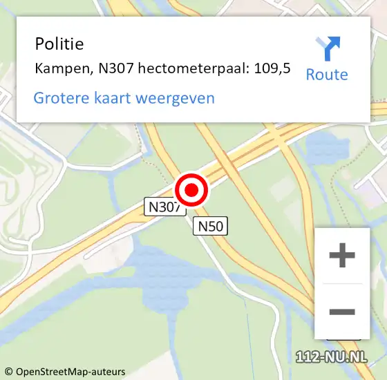 Locatie op kaart van de 112 melding: Politie Kampen, N307 hectometerpaal: 109,5 op 6 september 2023 15:29