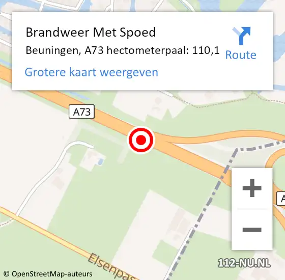 Locatie op kaart van de 112 melding: Brandweer Met Spoed Naar Beuningen, A73 hectometerpaal: 110,1 op 6 september 2023 16:59