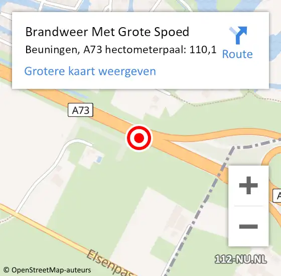 Locatie op kaart van de 112 melding: Brandweer Met Grote Spoed Naar Beuningen, A73 hectometerpaal: 110,1 op 6 september 2023 17:00