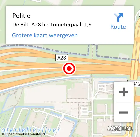 Locatie op kaart van de 112 melding: Politie De Bilt, A28 hectometerpaal: 1,9 op 6 september 2023 17:26