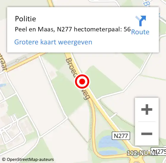 Locatie op kaart van de 112 melding: Politie Peel en Maas, N277 hectometerpaal: 56 op 6 september 2023 17:27